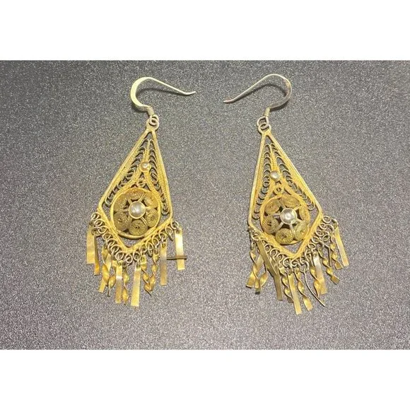 Vintage Victorian Filigree Dangle Earrings Vermeil Tone 925 Hooks - Picture 2 of 7